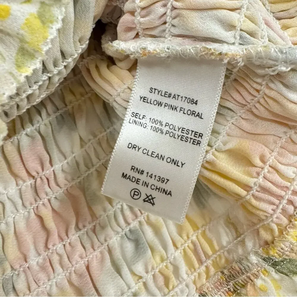 Astr Yellow Ditsy Floral Puff Sleeve Blouse Womens M Smocked Romantic Coquette